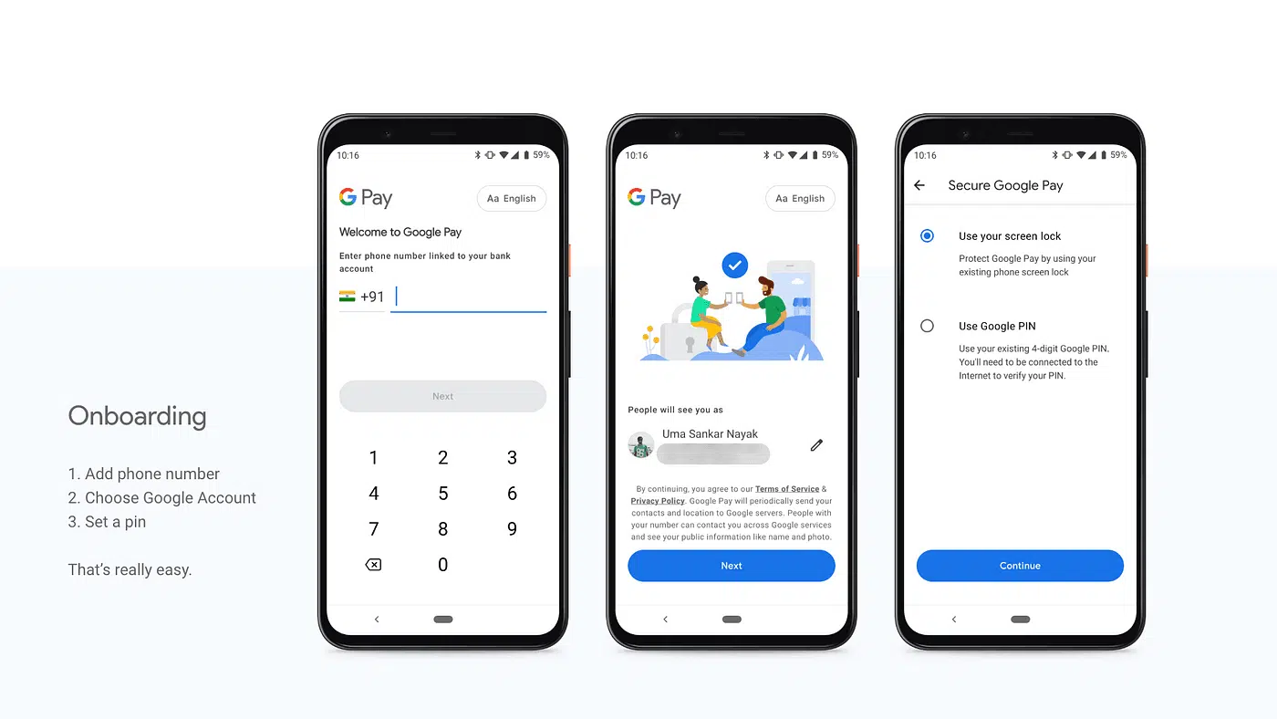 Fintech UX Design in 2026: 15 Best UX Design Practices for Modern Fintech Products 3 gpay - user onboarding screen